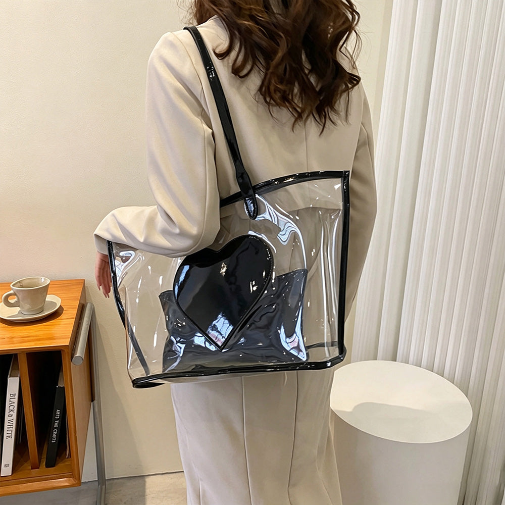 2-Piece Color Contrast Heart Clear Jelly Tote Bag 6W10BBG2130