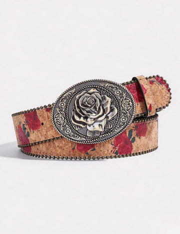 Vintage Rose Print Metal Rose Bucket Belt 6W6JBT216