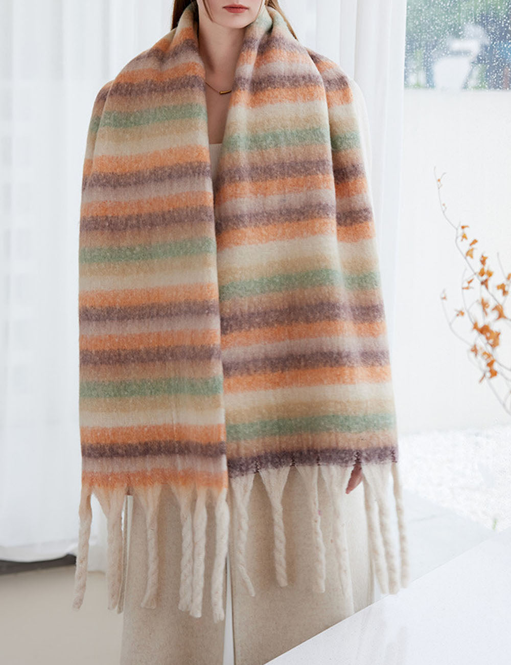 Elegant Striped Soft Thick Warm Tassel Scarf 6W6NSC83
