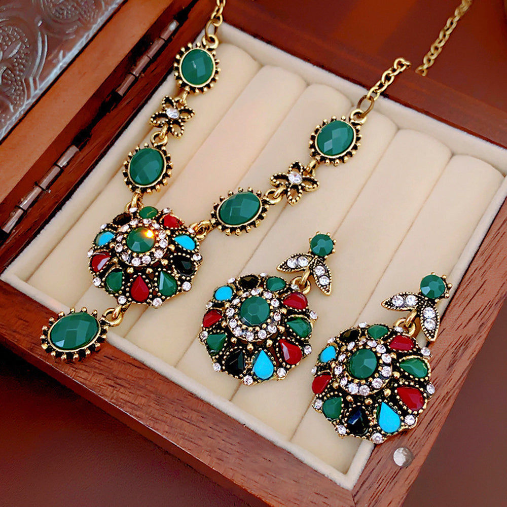 Vintage Rhinestones Disc Pendant Beads Chain Necklace 6W6JNC938