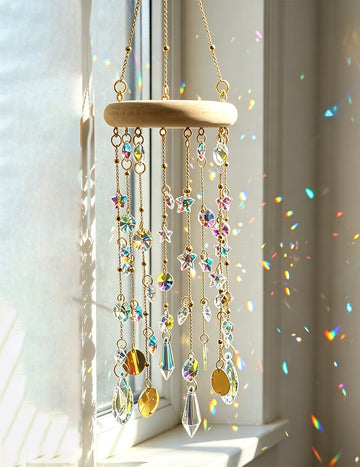 Iridescent Crystal Star Moon Tassel Suncatcher Wind Chime 6H7HLS217