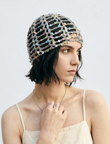 Glitter Sequin Hollow Out Crochet Slouchy Hat MK2BCR6W6HAT01