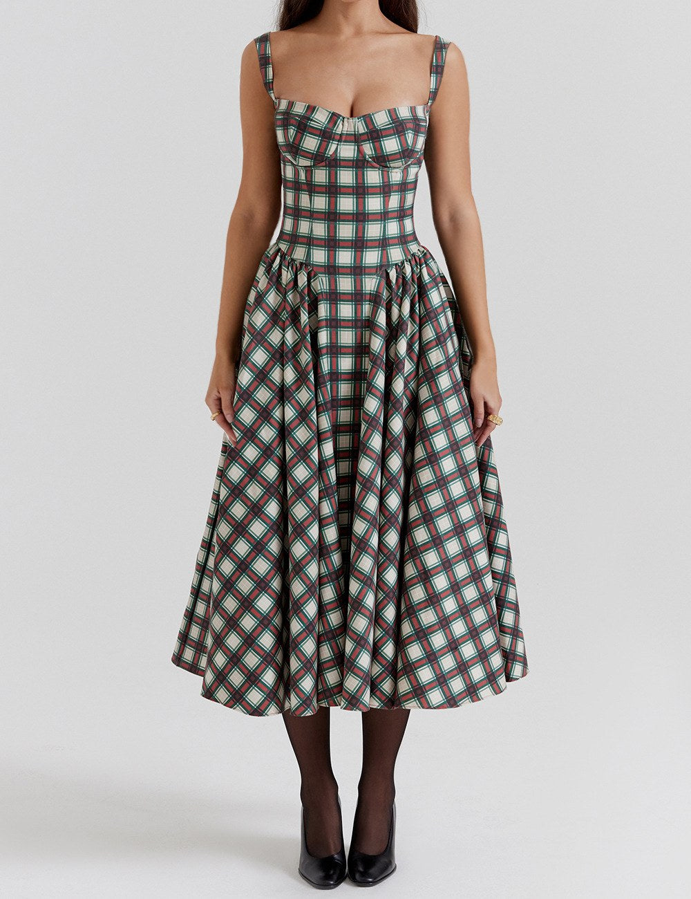 Vintage Plaid Pleated Spaghetti Dress DP25B512