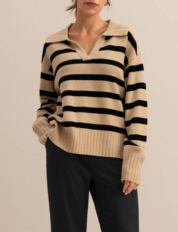 Winter Polo Collar Striped Knit Pullover Sweater DP25G955