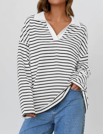 Lapel Striped Color Block Pullover Sweatshirt DP25D682