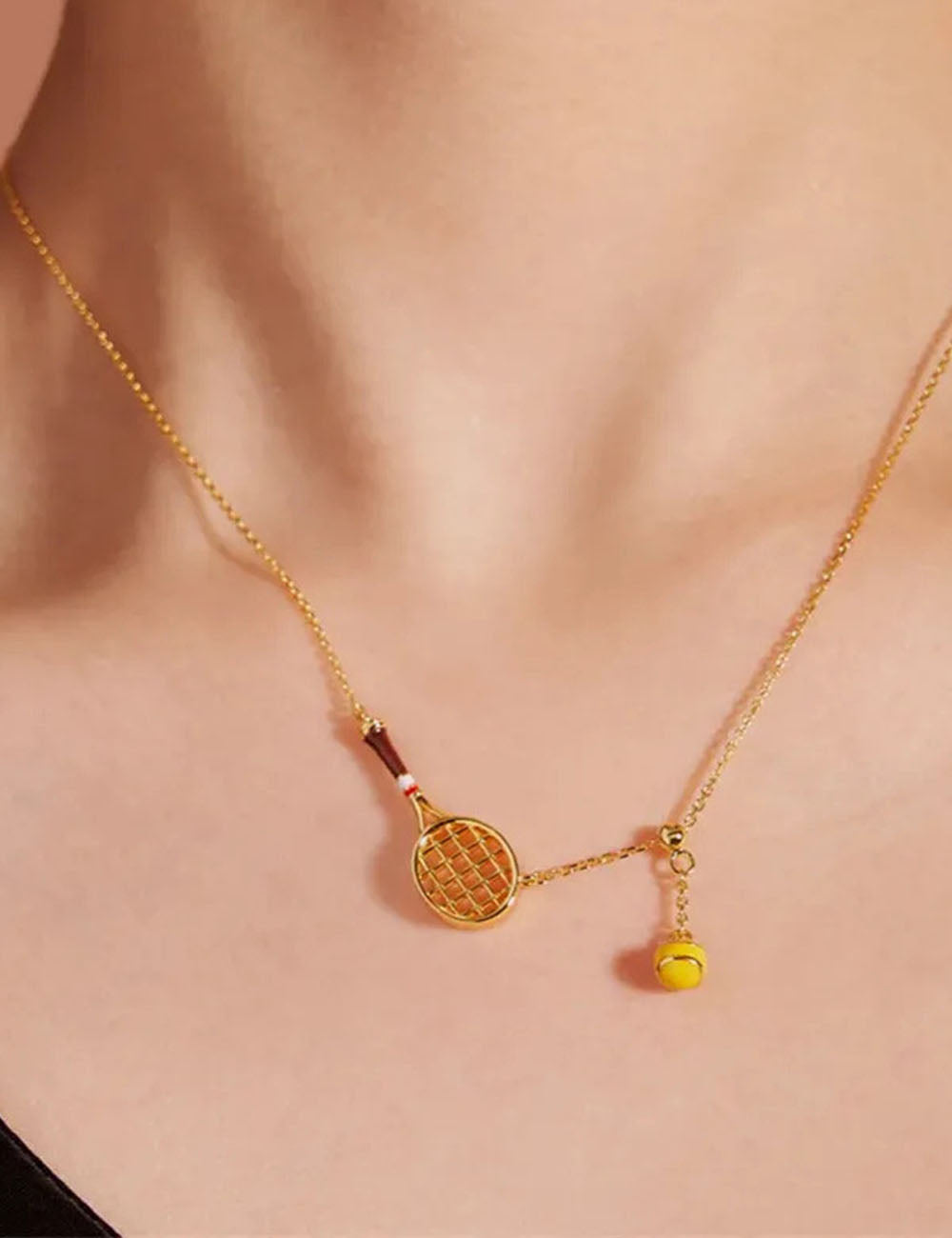 Funny Gold Plated Tennis Racket Ball Necklace DP25F847