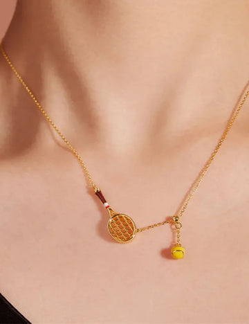 Funny Gold Plated Tennis Racket Ball Necklace DP25F847