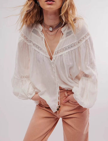 Minimalist Hollow Out Lace Long Sleeve Blouse DP25D877