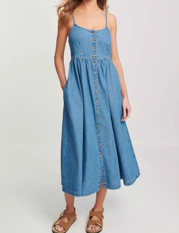 Denim Simple Button Spaghetti Midi Dress DP25A529