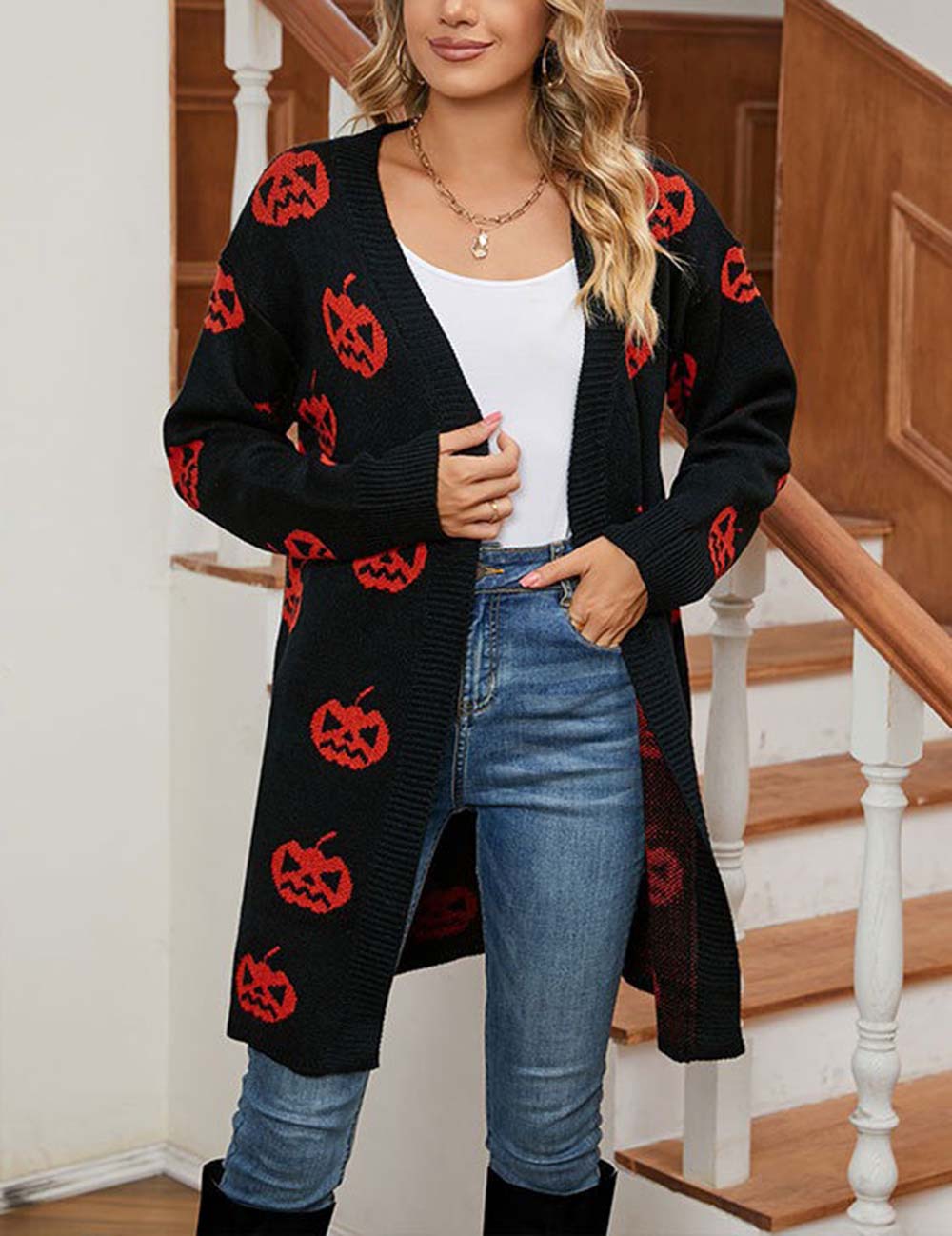Halloween Pumpkin Long Knit Cardigan DP25G439