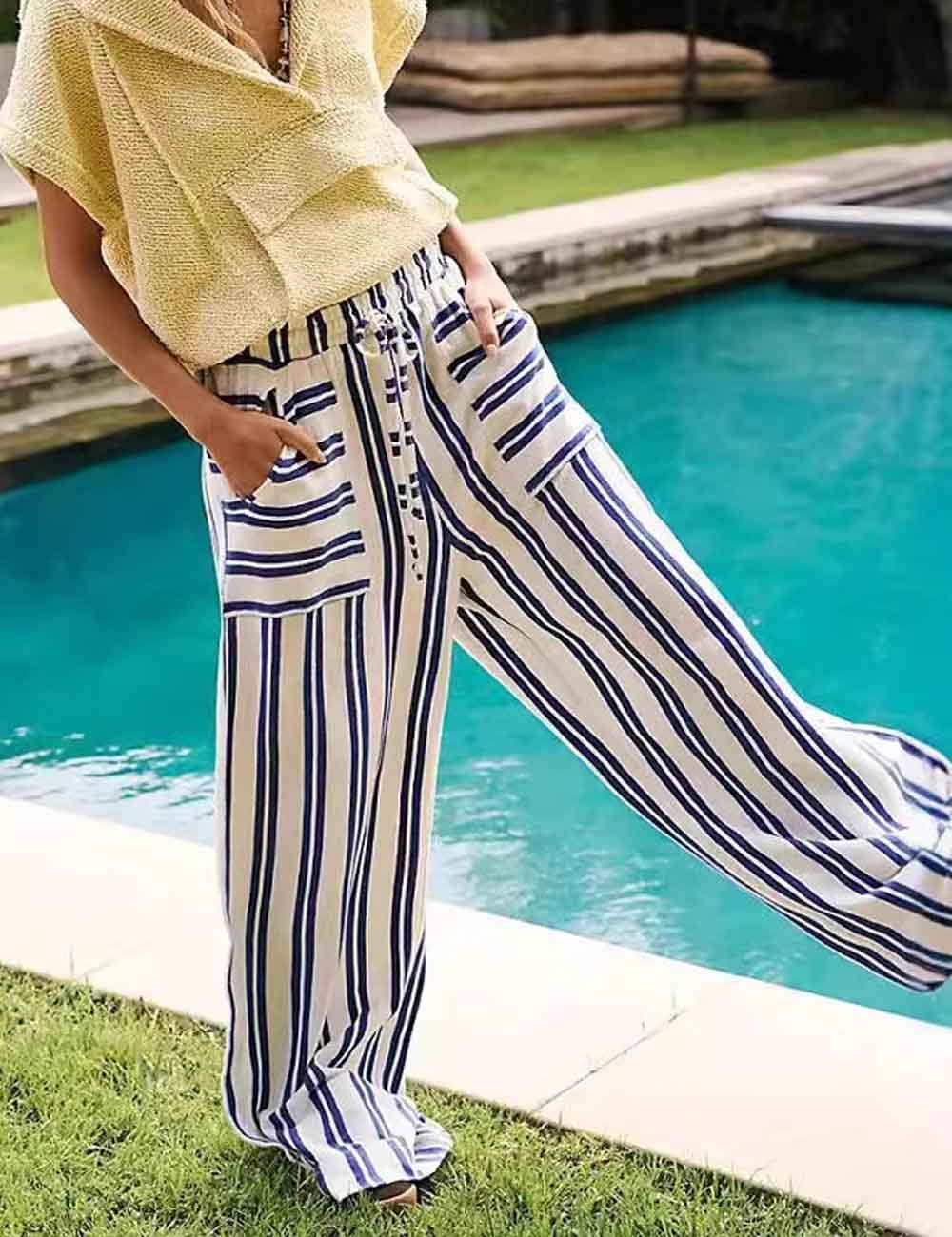 Color Block Striped Drawstring Wide-Leg Pants DP25F548