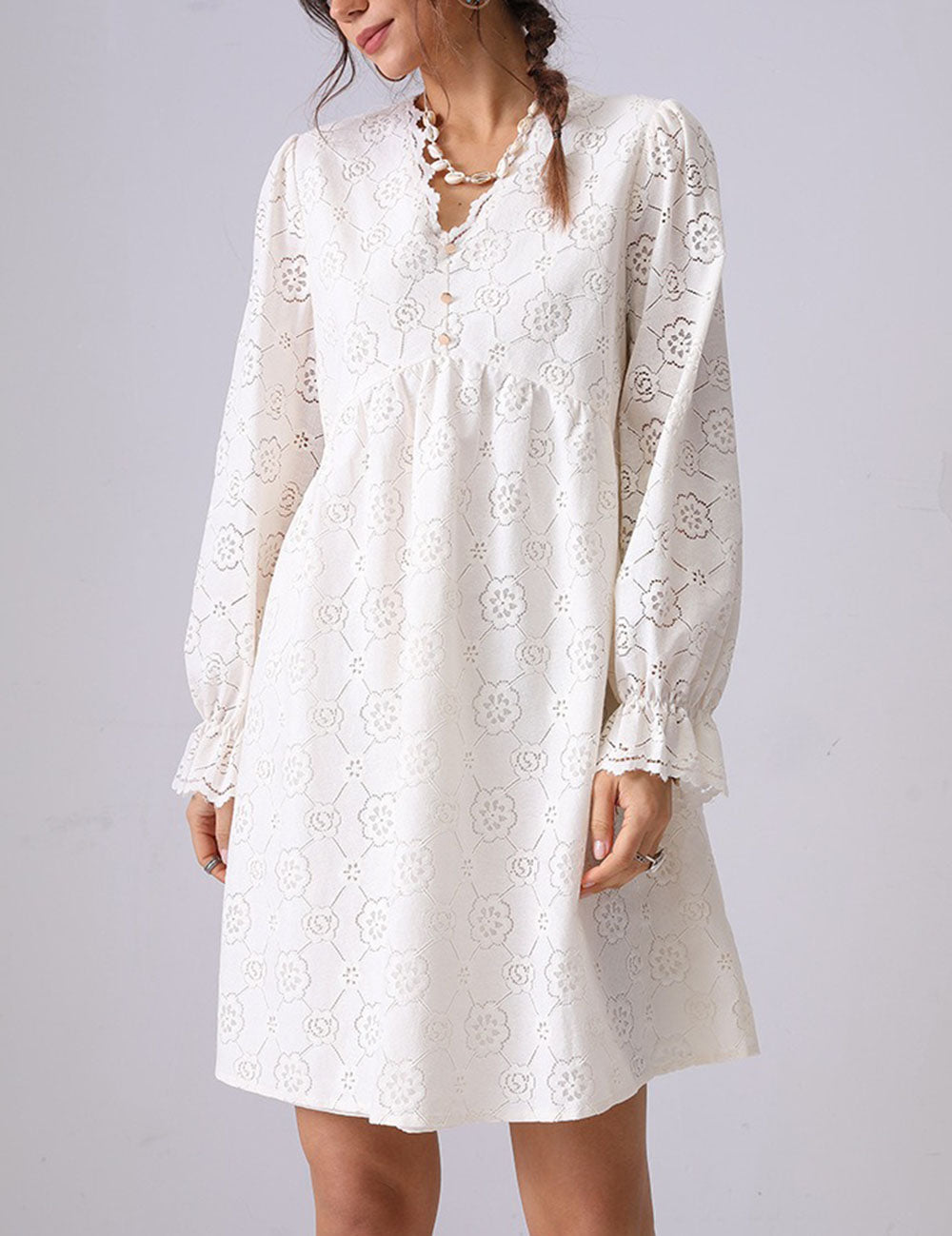 Hollow Lace Ruffle V-Neck Mini Dress DP25E682