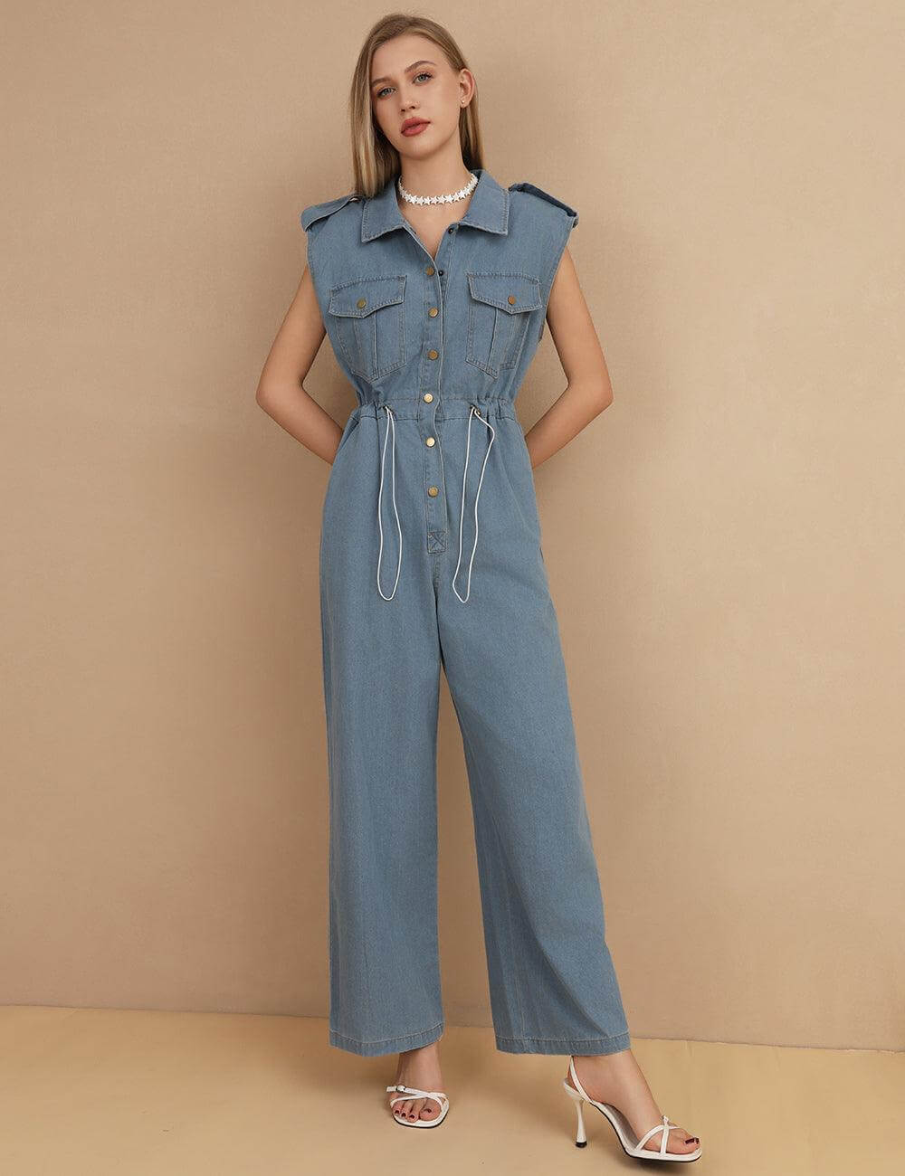 Lapel Sleeveless Denim Jumpsuit - DippedShop Wholesale - #2563