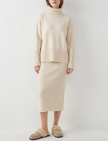 2 Pcs Elegant Knit Turtleneck Sweater Midi Skirt Set DP25H651