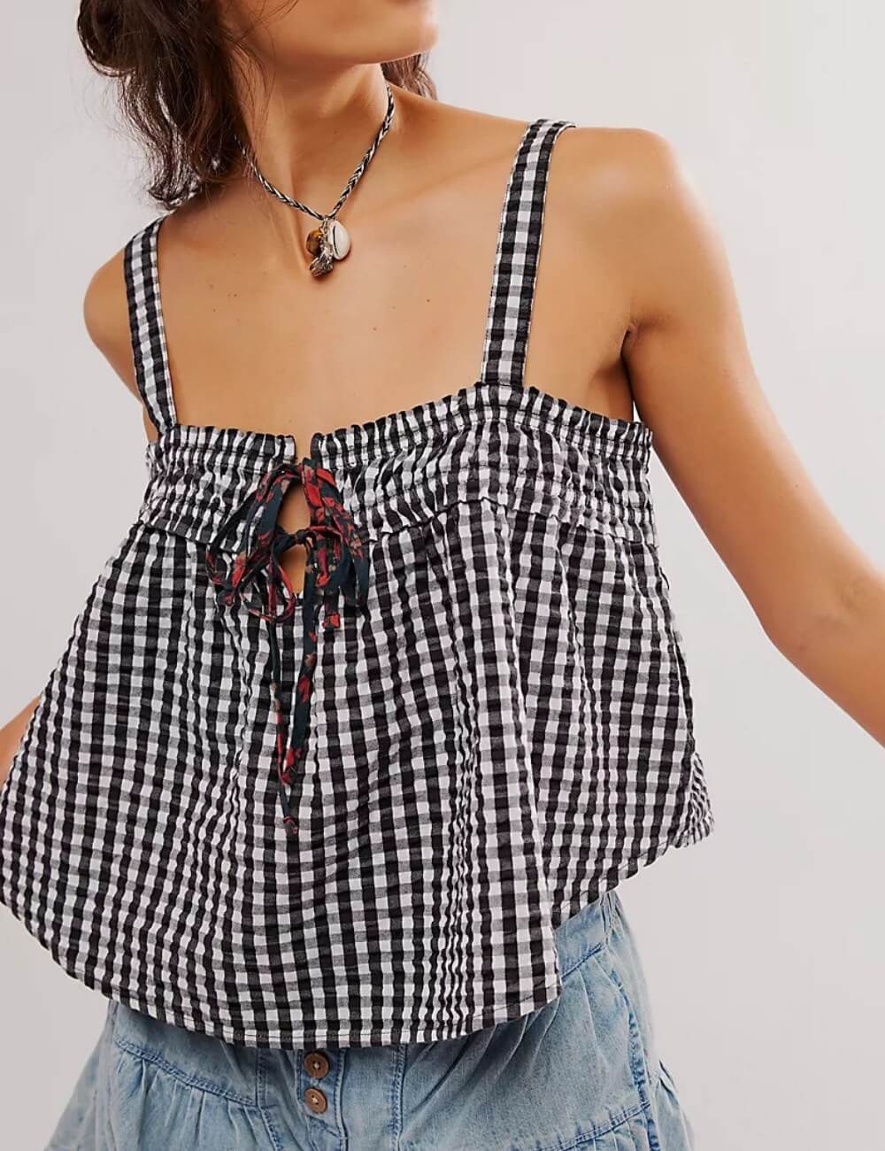 Ruffle Sleeveless String Plaid Tank Tops DP25C409