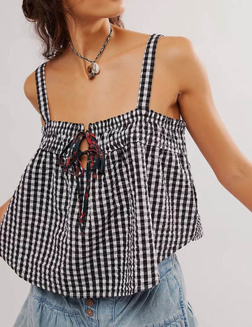 Ruffle Sleeveless String Plaid Tank Tops DP25C409