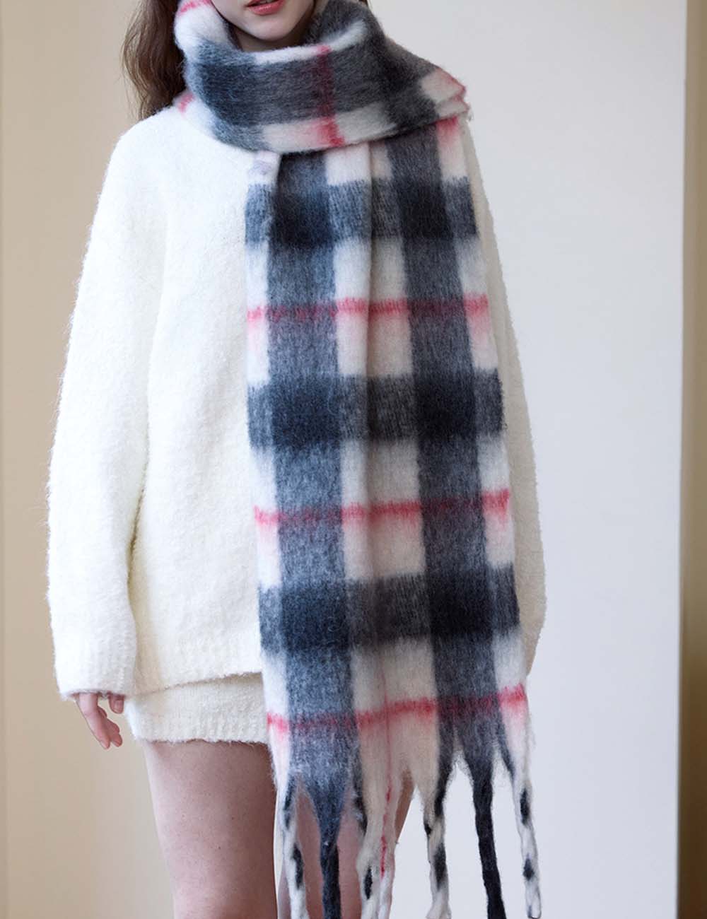 Minimalist Color Block Plaid Tassel Thick Scarf DP25F609