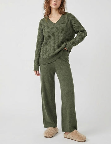 Cable Knit V-Neck Sweater Wide Leg Pants Set DP25H650