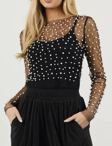 Pearl Rhinestone See Through Mesh Blouse DP25B858