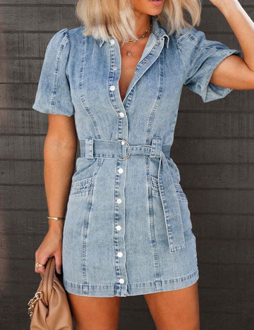 Lapel Buttons Puff Sleeves Denim Mini Dress DP25E657