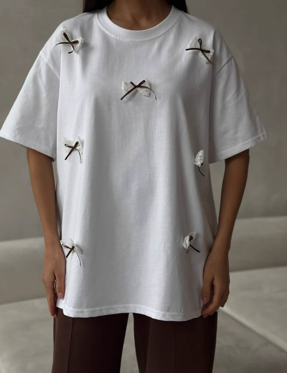 Simple Bow Round Neck Short Sleeves Top DP25B442