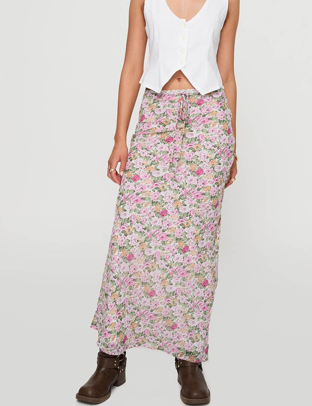 Elegant Floral Print Tie Front Maxi Skirt DP25D909