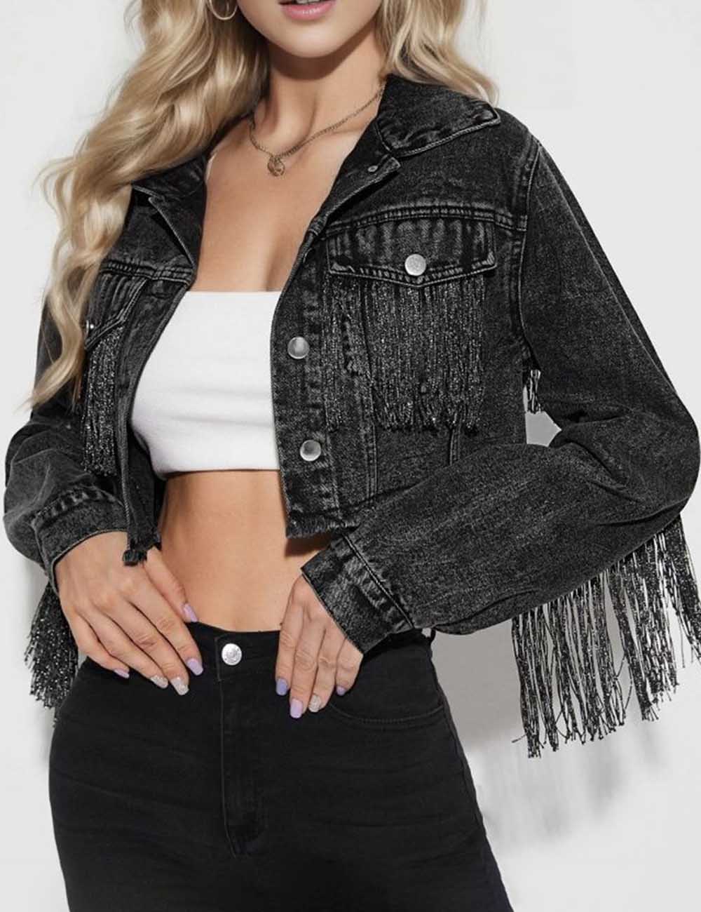 Trendy Lapel Collar Tassel Cropped Denim Jacket DP25E802