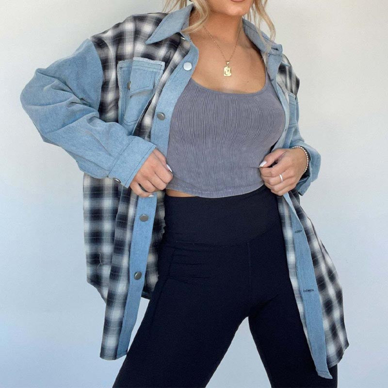 Loose Splice Plaid Long Sleeve Denim Top DP25E833