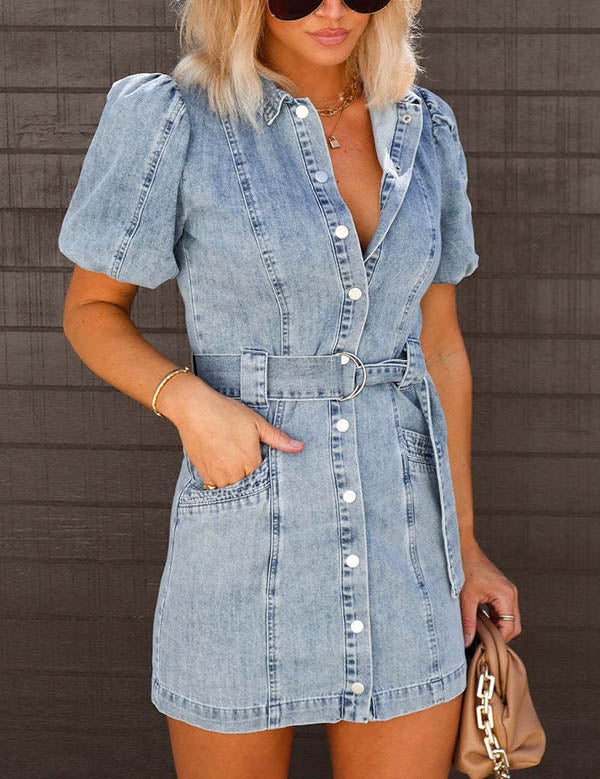 Lapel Buttons Puff Sleeves Denim Mini Dress DP25E657