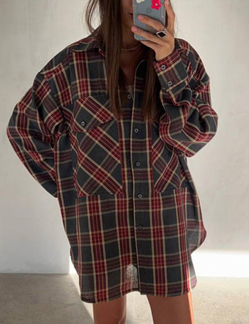 Vintage Plaid Long Sleeve Oversized Shirt DP25F527