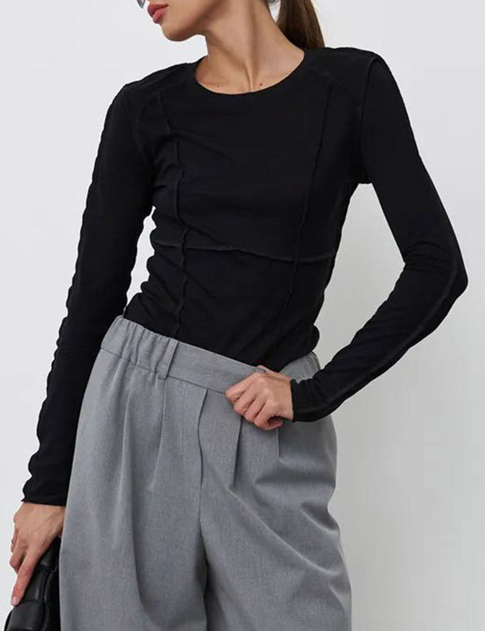 Elegant Splice Round Neck Long Sleeve Top DP25E420