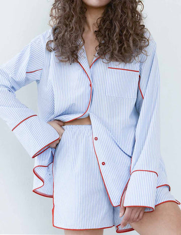 Striped Long Sleeve Cardigan Shorts Sleepwear Set DP25F893