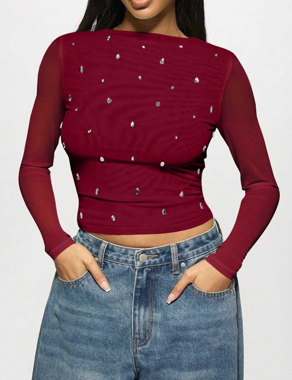 Rhinestone Mesh Solid Color Long Sleeve Blouse DP25H404