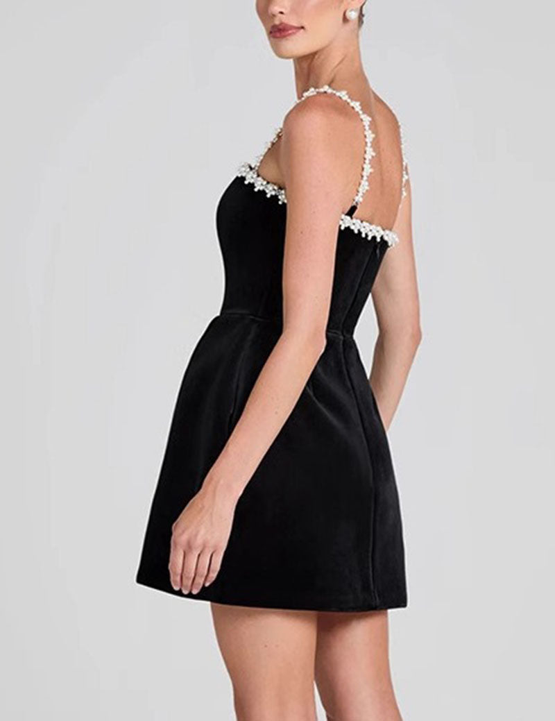 Pearl Spaghetti Velvet A-Line Mini Dress DP25E669