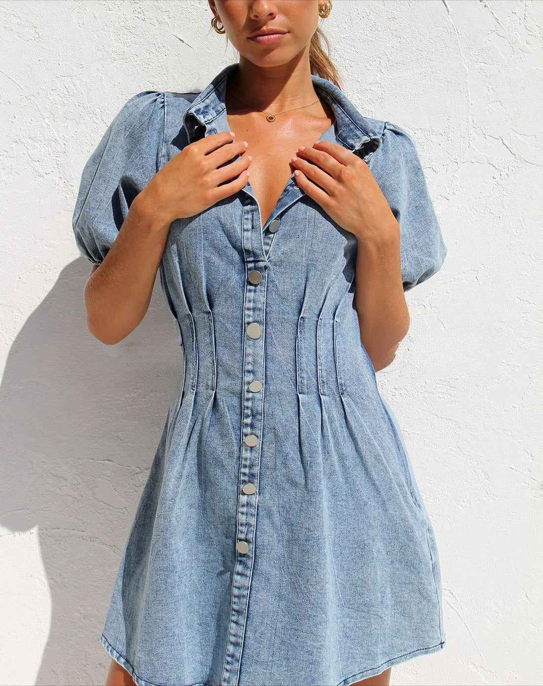 Washed Lapel Button Short Sleeves Denim Mini Dress DP25A533
