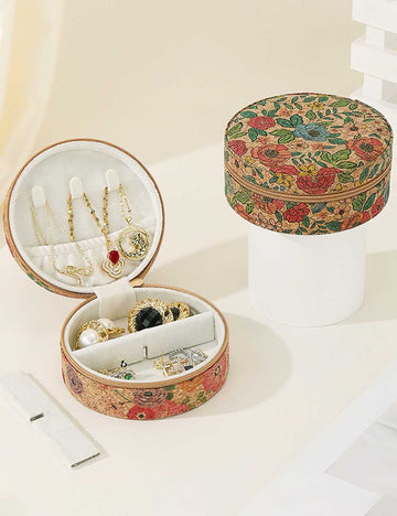 Vintage Flower Print Round Wooden Jewelry Case DP25F863