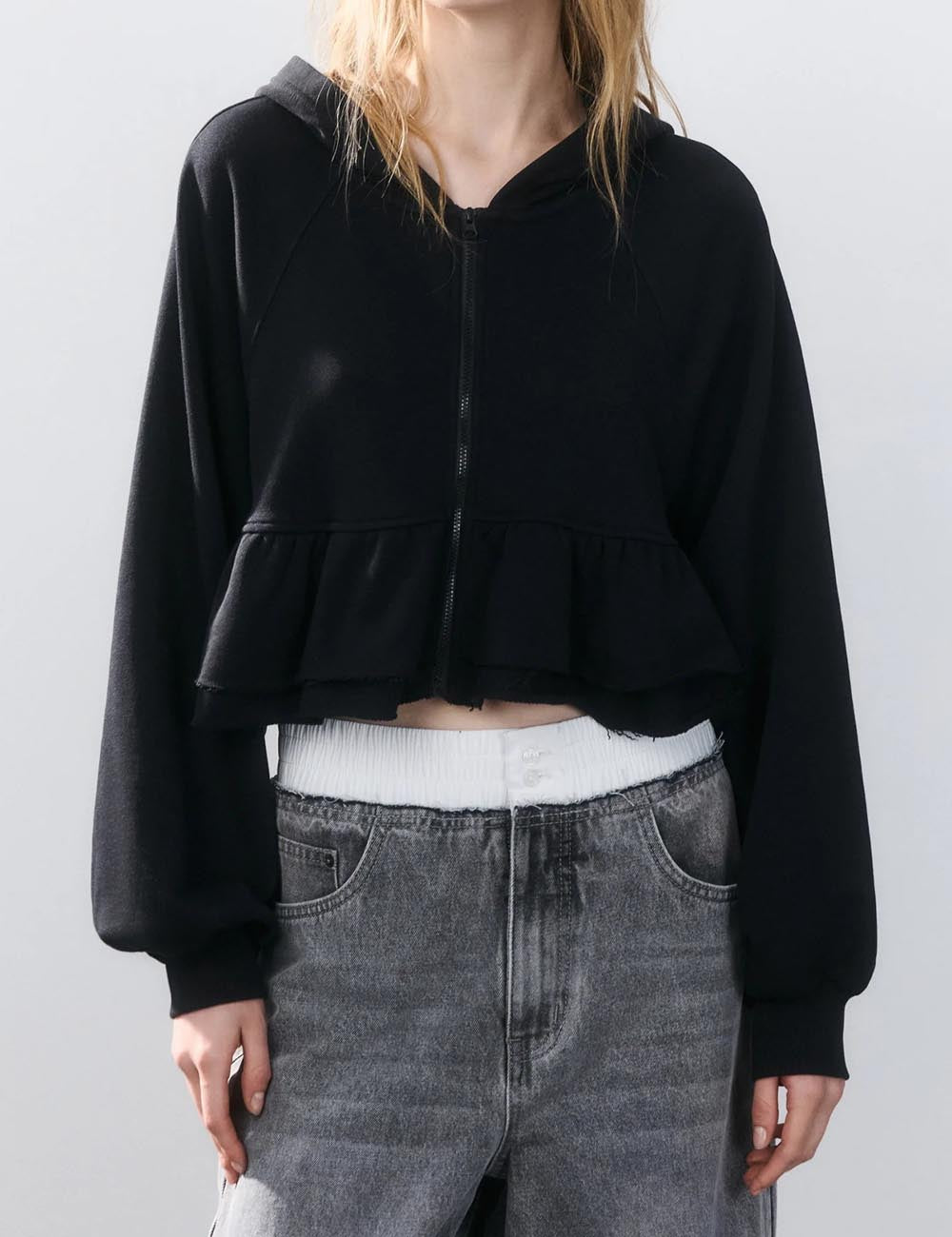 Solid Color Ruffle Trim Zip-Up Hoodie Sweatshirt DP25F538