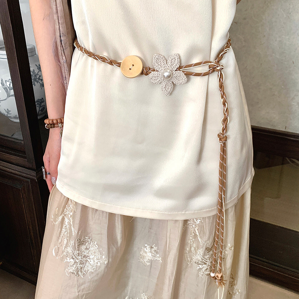Vintage Button Crochet Flower Braided Waist Belt 6W6JBT202
