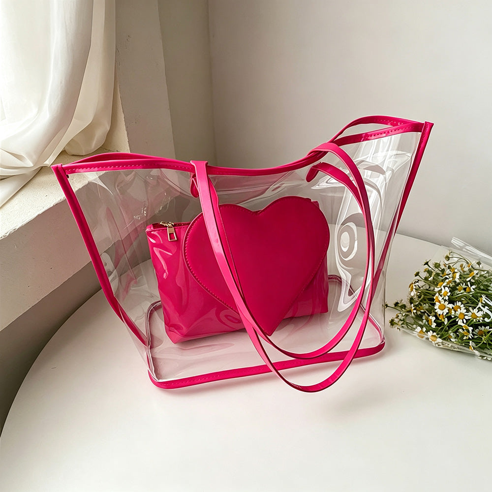 2-Piece Color Contrast Heart Clear Jelly Tote Bag 6W10BBG2130