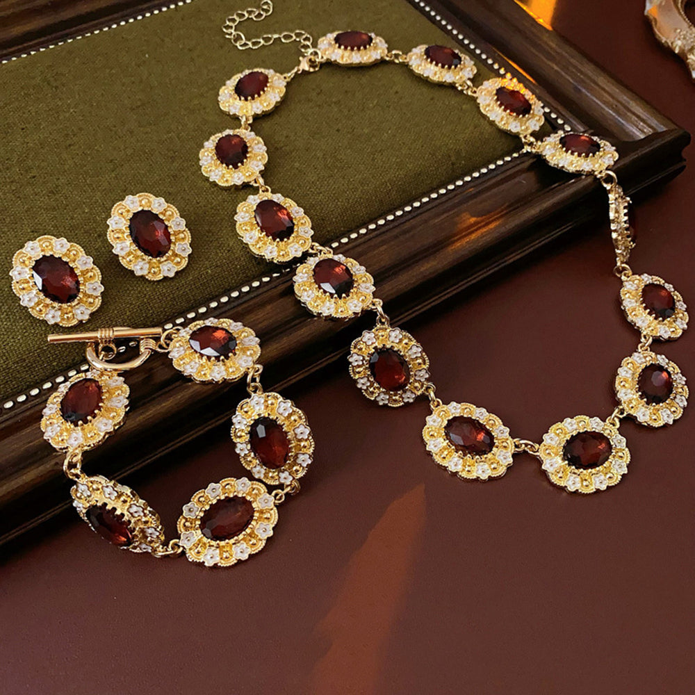 Vintage Rhinestones Floral Oval Chain Necklace 6W6JNC933
