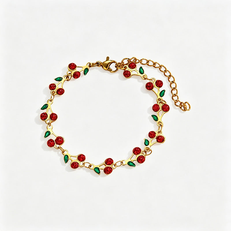 Cute Cherry Rhinestone Gold Plated Chain Bracelet 6W6JBR516