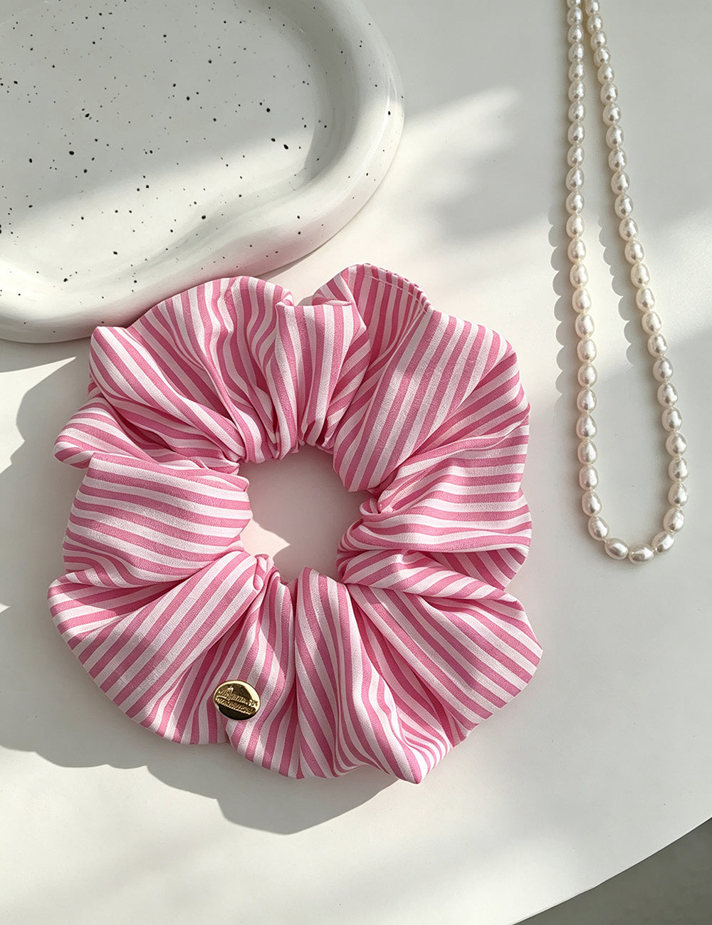 Soft Large Pink Striped Elastic Hair Scrunchie 6W6HSR473