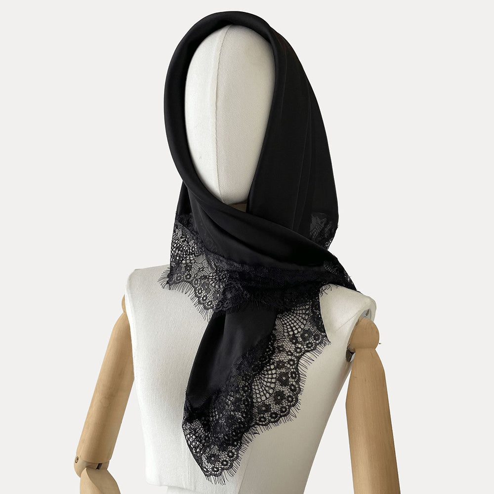 Elegant Solid Color Lace Trim Square Silk Scarf 6W6NSC223