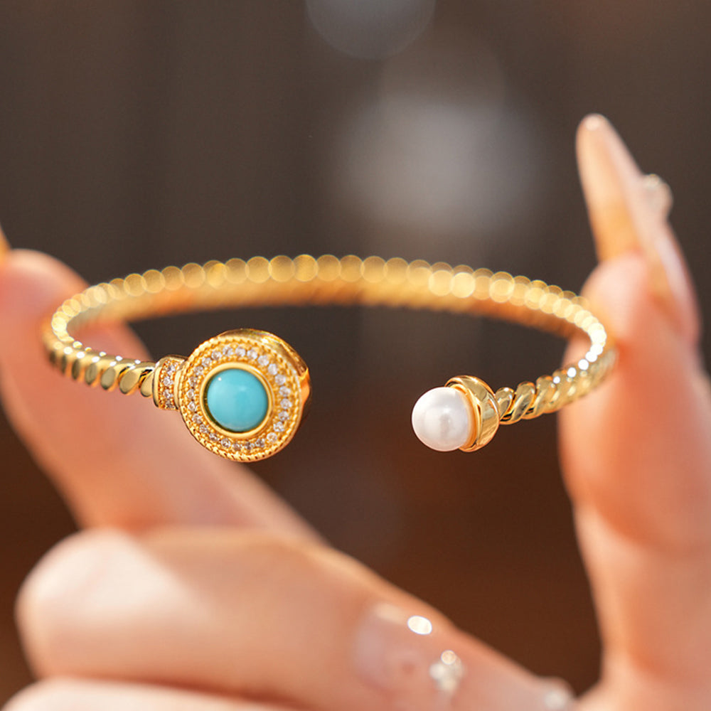Vintage Gold Plated Pearl Rhinestones Open Bracelet 6W6JBR703
