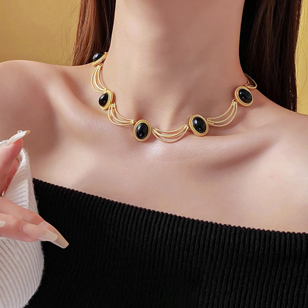 Retro Gold Plated Oval Gemstone Chain Necklace 6W6JNC942
