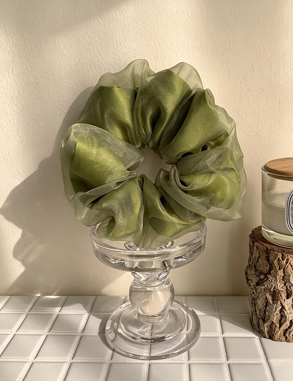 Green Double Layer Satin Mesh Hair Scrunchie  MK2BLW6W6HSR27