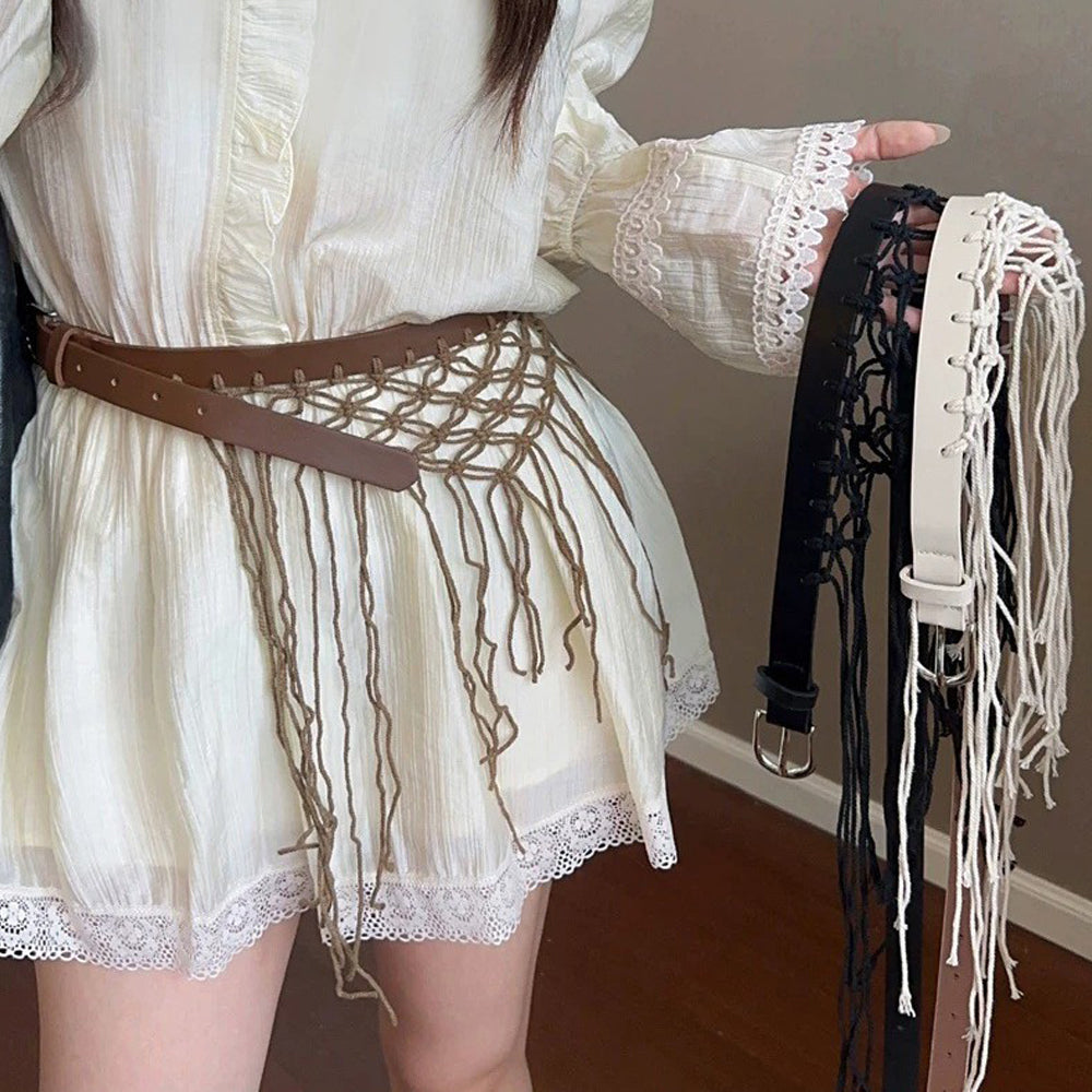 Vintage Woven Hollow Out Mesh Tassel Waist Belt 6W6JBT228