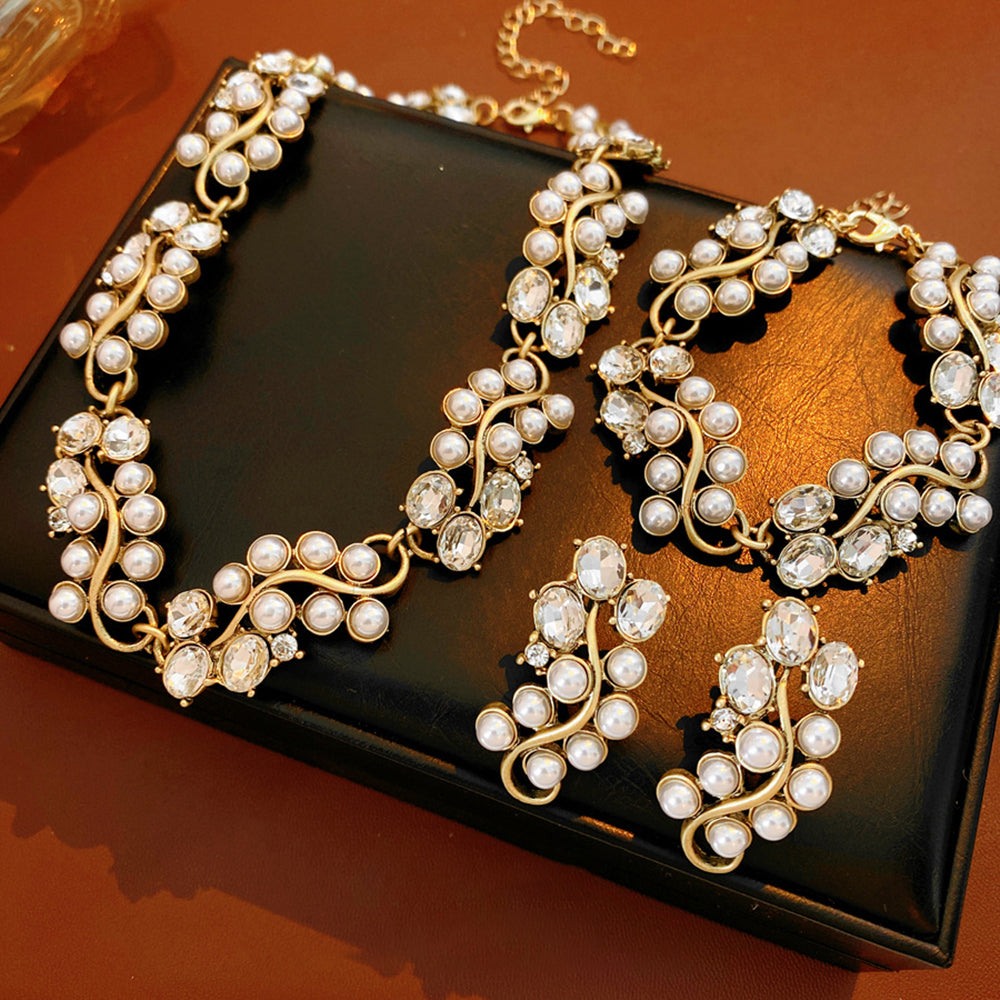 Vintage Rhinestone Rattan Splice Pearl Necklace 6W6JNC949