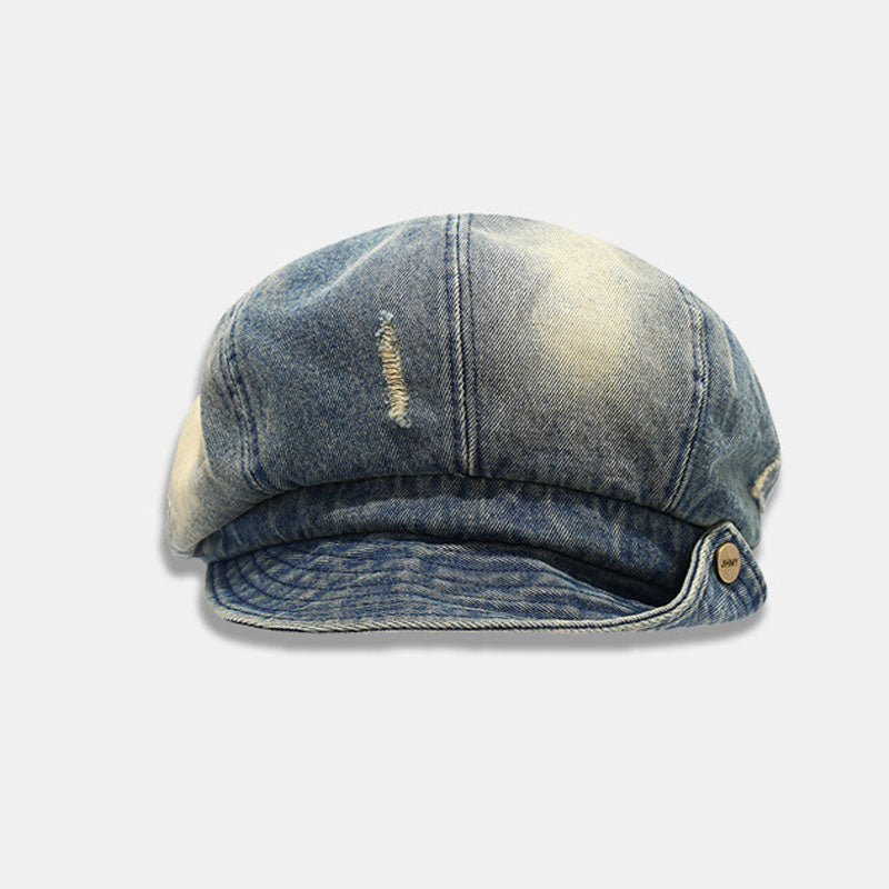 Trendy Washed Ripped Rolled Brim Denim Beret 6W6HAT584