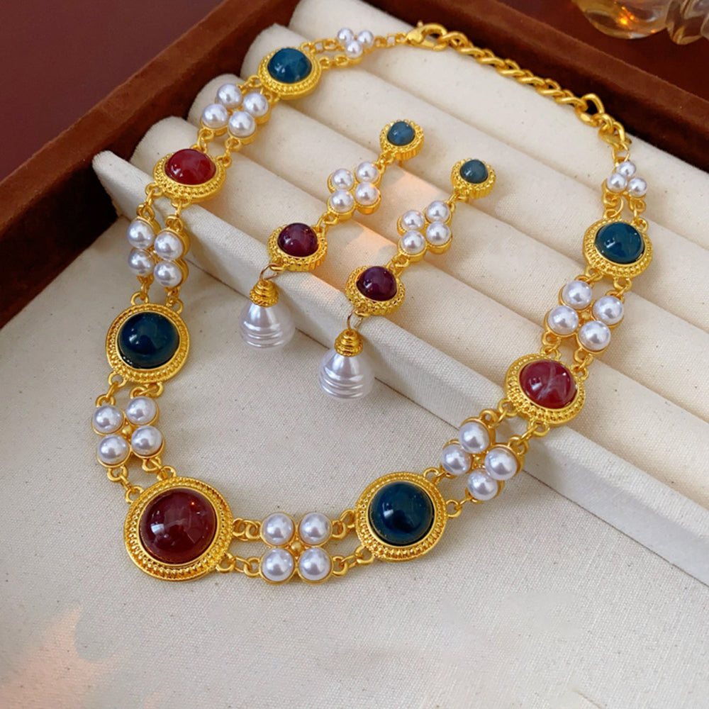 Vintage Artificial Pearl Geometry Shape Chain Necklace 6W6JNC930